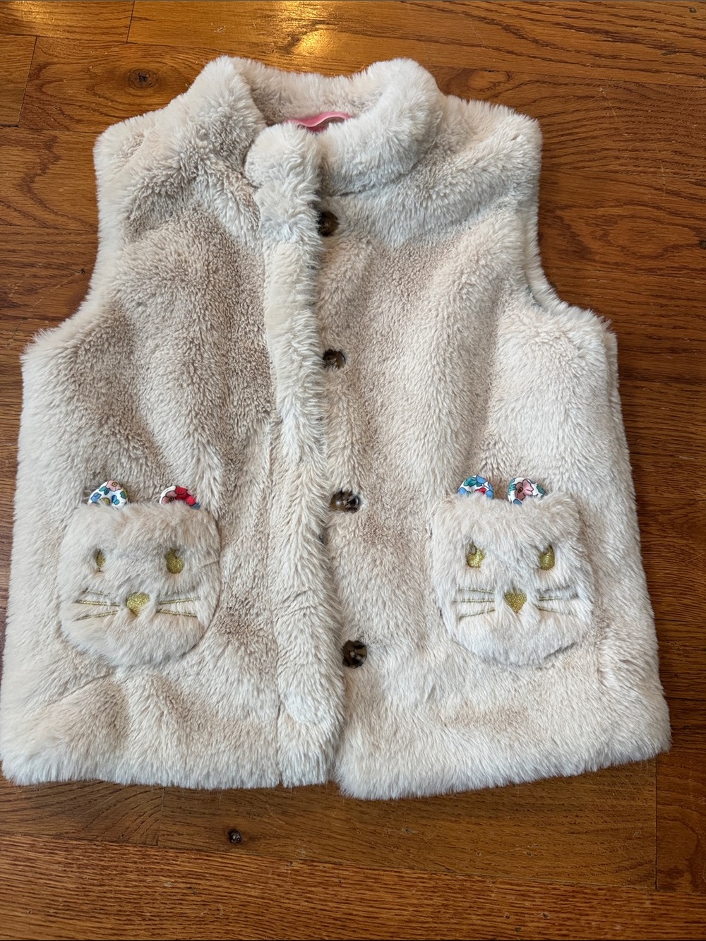 Mini Boden Cream Faux-Fur Kids Vest with Cat Pockets